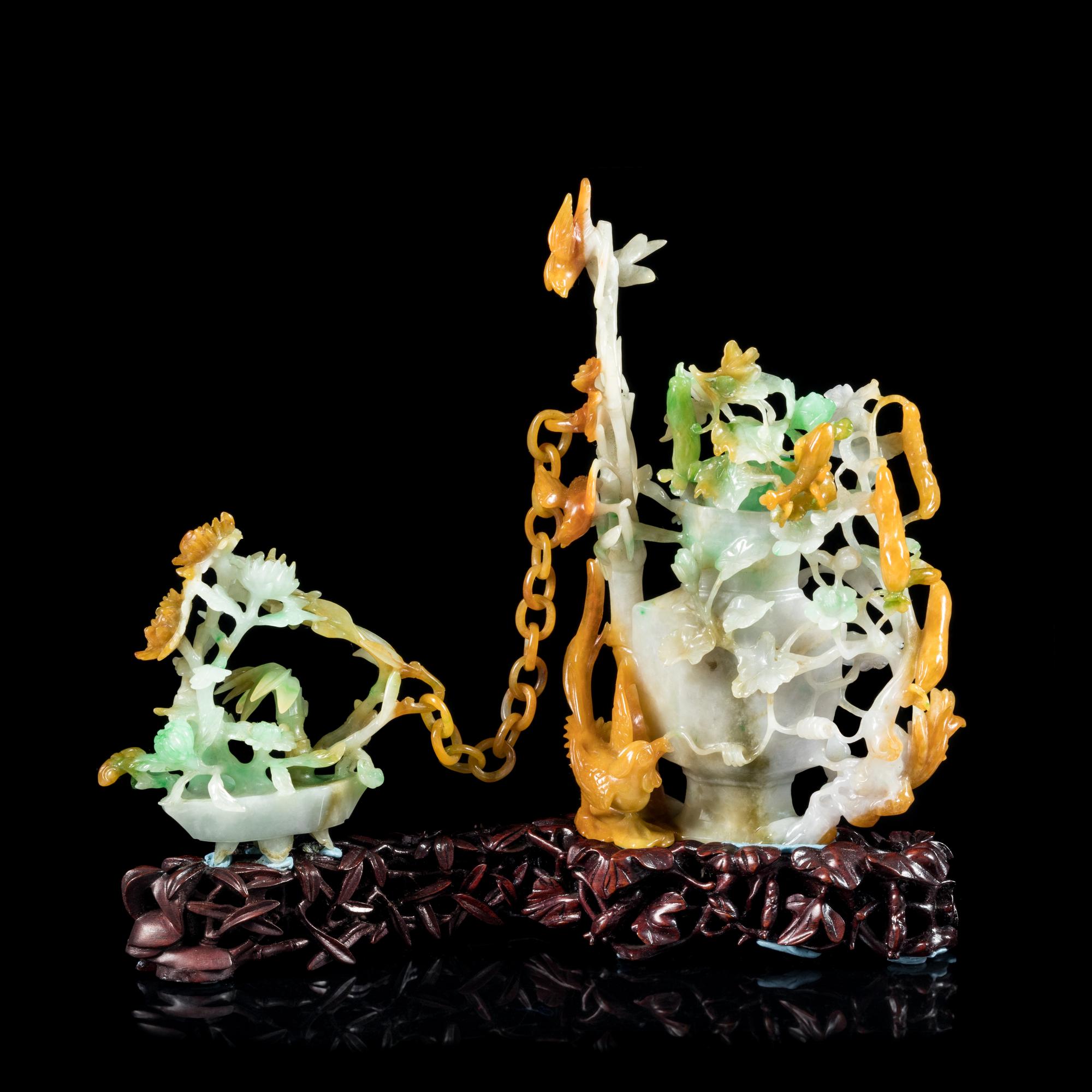 A Russet and Green Jadeite Vase Height 5 1/2 inches. — 20TH CENTURY