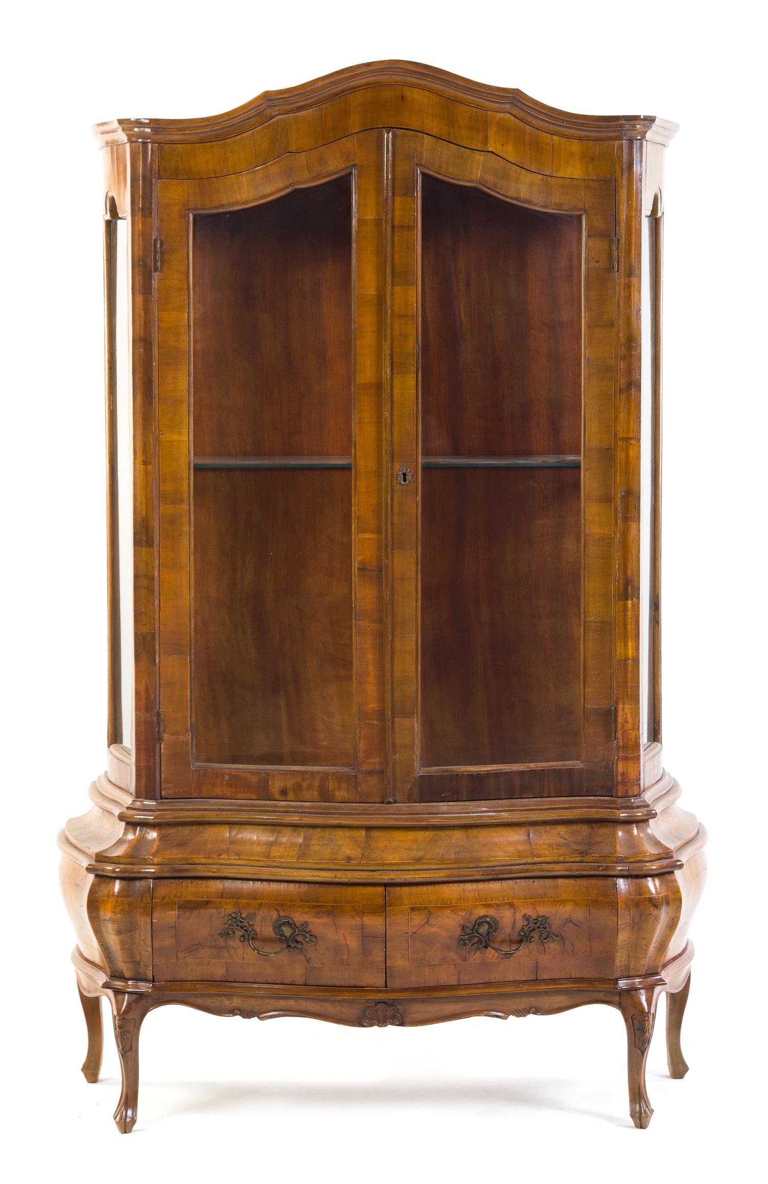 An Italian Walnut Veneered Display Cabinet Height 71 x width 46 x depth 15 inches.