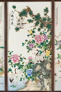 A Chinese Export Porcelain and Carved Hardwood Five-Panel Floor Screen