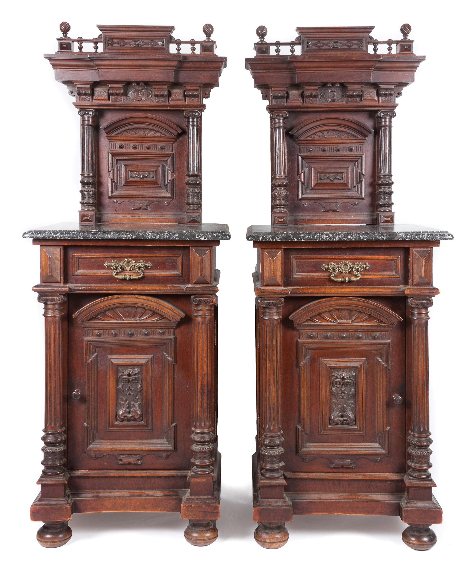 A Pair of Victorian Walnut Nightstands Height 56 x width 21 x depth 18 1/4 inches.