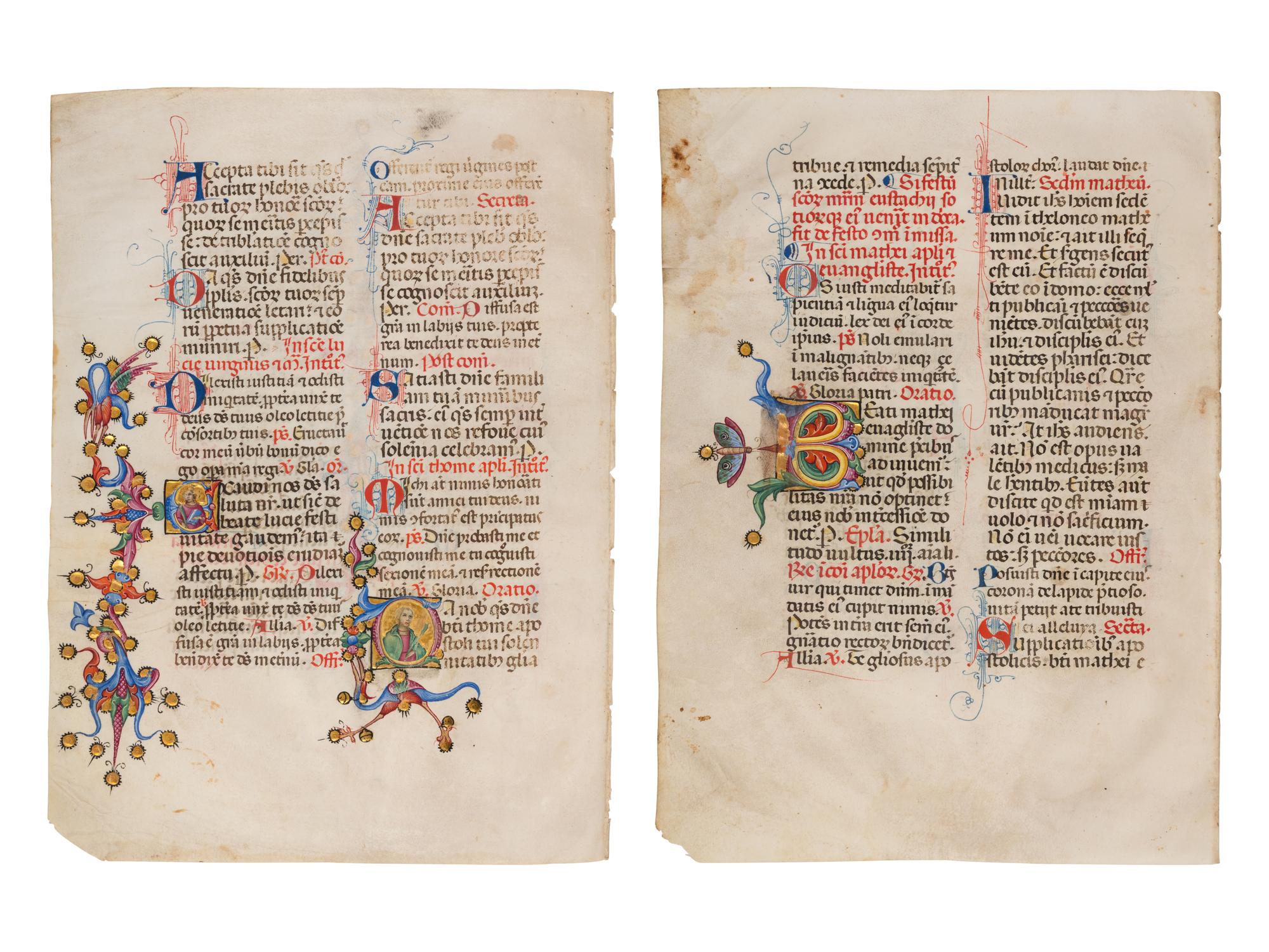 SANO DI PIETRO (Siena, 1405-1481) Two leaves from a Missal, including three historiated initials of St. Nicholas, St. Lucy, and St. Thomas, in Latin, illuminated manuscript on parchment [Italy, Siena, c. 1460-1470]