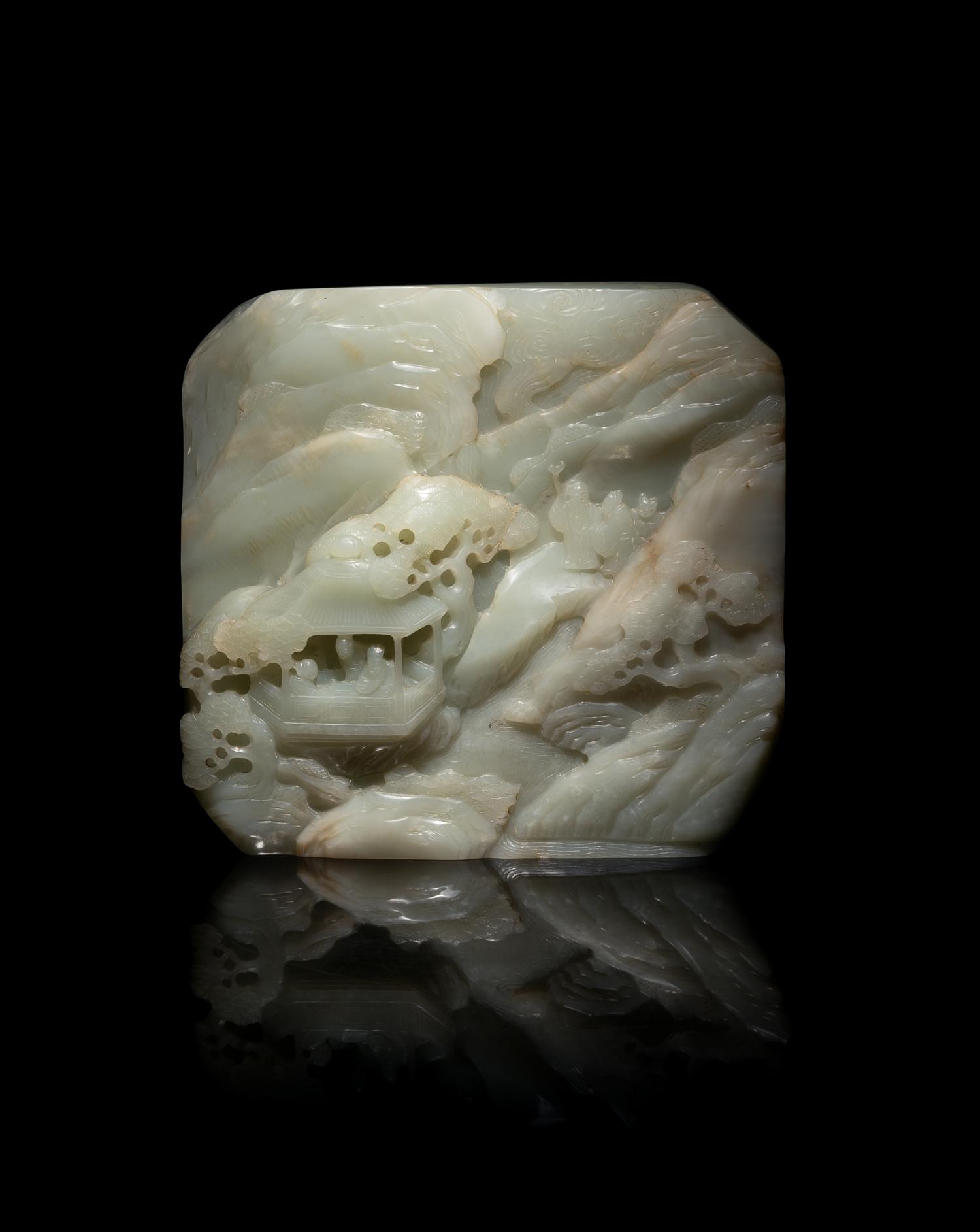 A Chinese Finely Carved Pale Celadon Jade 'Scholars in Landscape' Plaque, 18th/19th Century 清中期 青白玉攜琴訪友圖屏