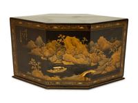 A Straits Chinese Lacquer and Gilt Six-Sided Chanab Offering Box and Stand — 20TH CENTURY