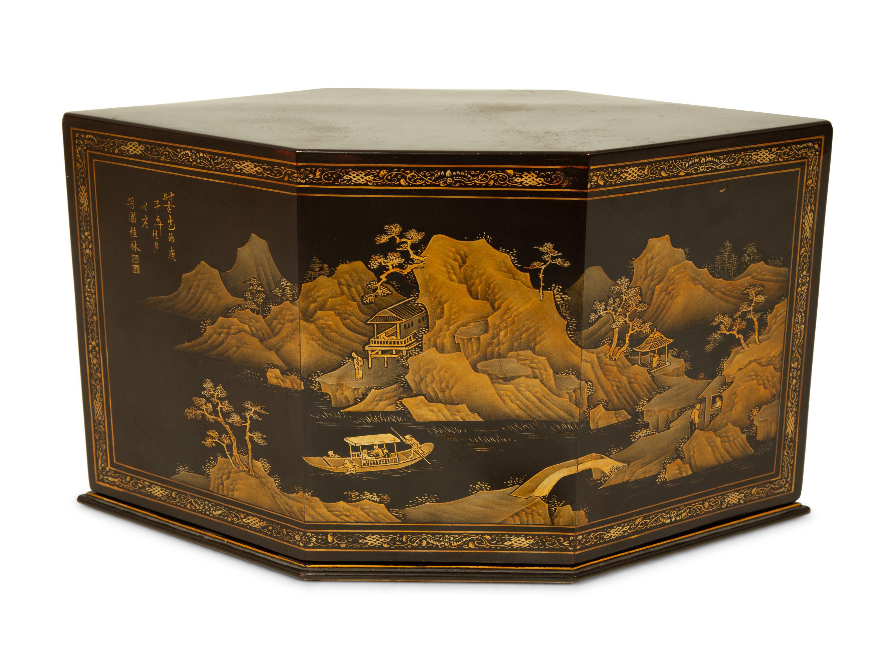 A Straits Chinese Lacquer and Gilt Six-Sided Chanab Offering Box and Stand — 20TH CENTURY