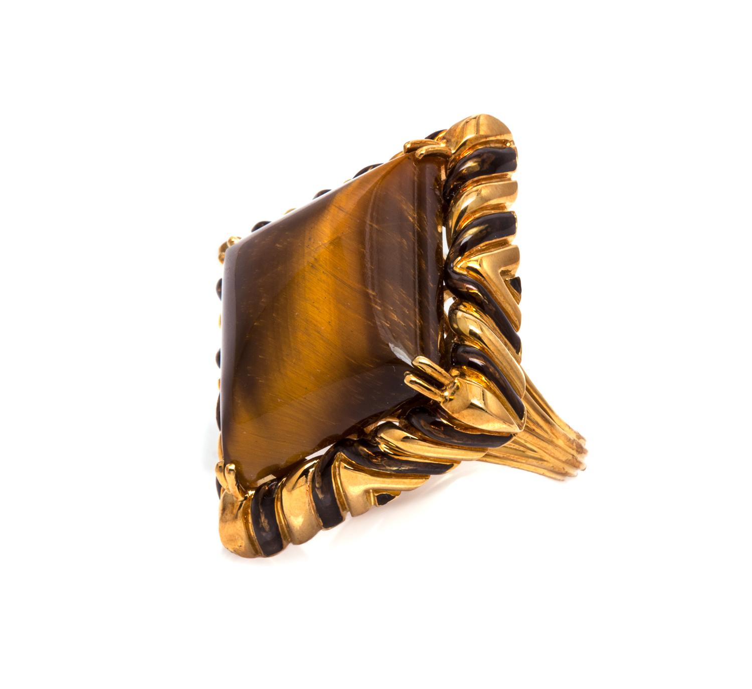 An 18 Karat Yellow Gold, Tiger's Eye Quartz and Enamel Ring, David Webb, 18.10 dwts.