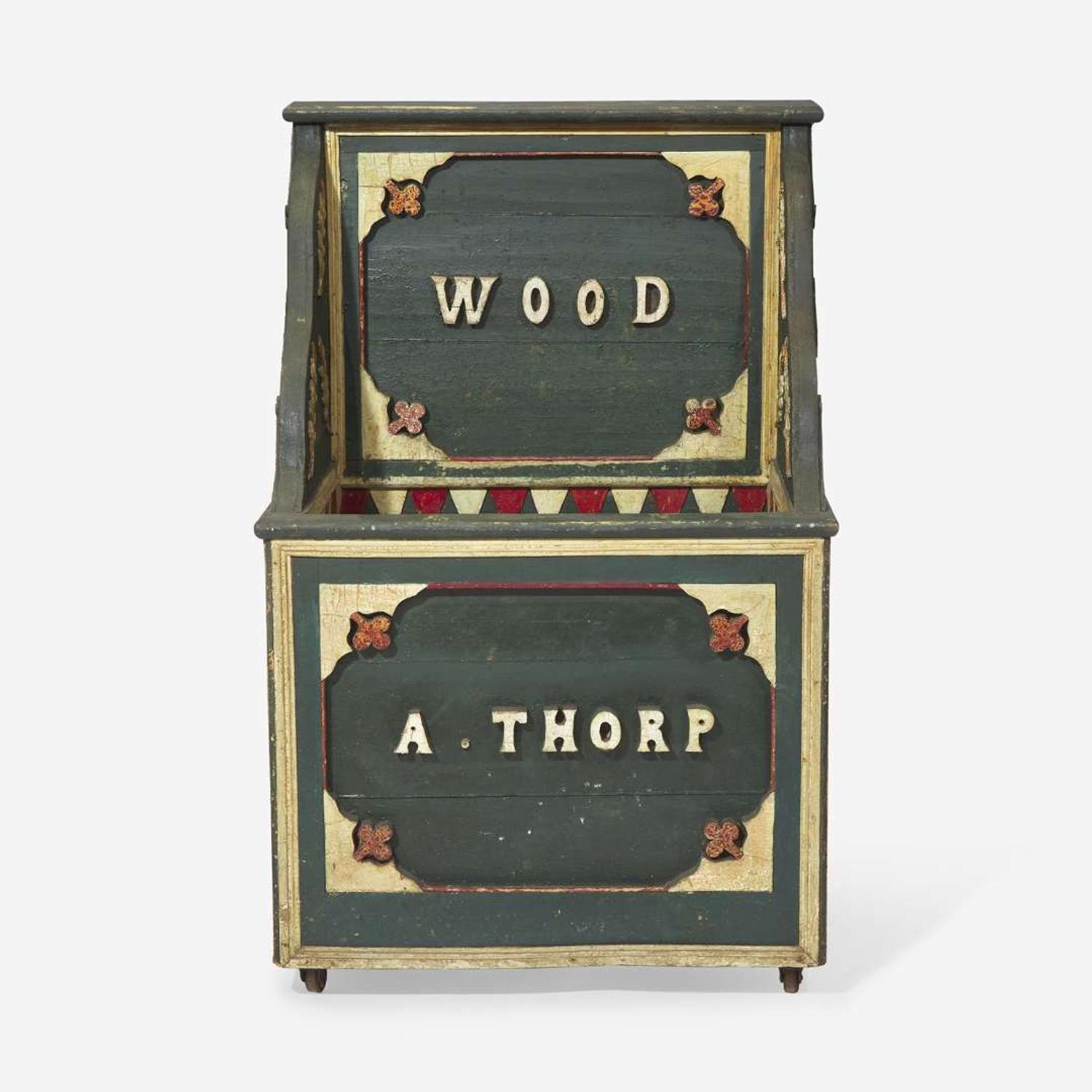 A painted Folk carpentry pine wood box "A. Thorp," dated "1914," New York State
