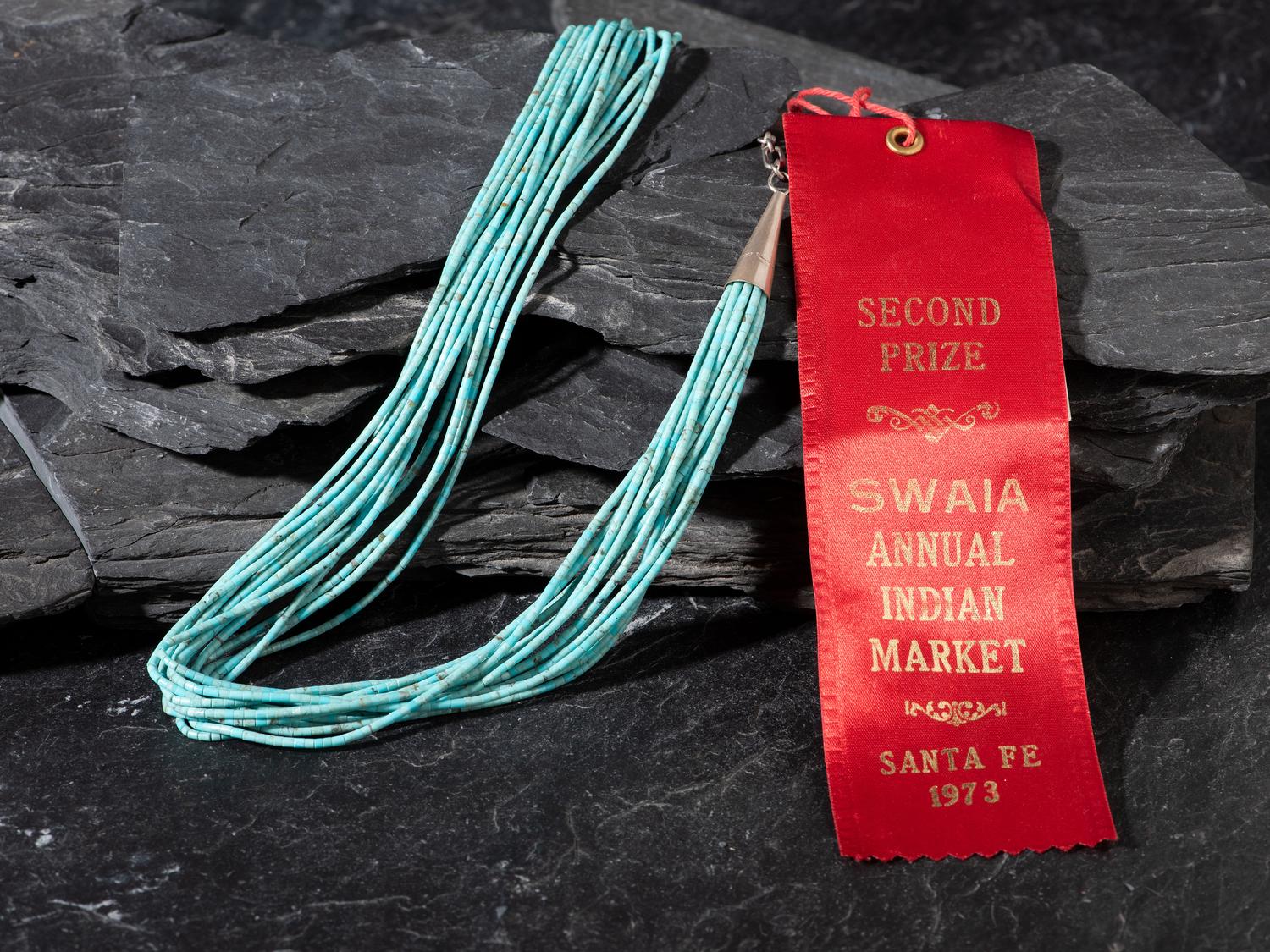SWAIA Award Winning Fourteen-strand Finely Rolled Turquoise Necklace, 1973