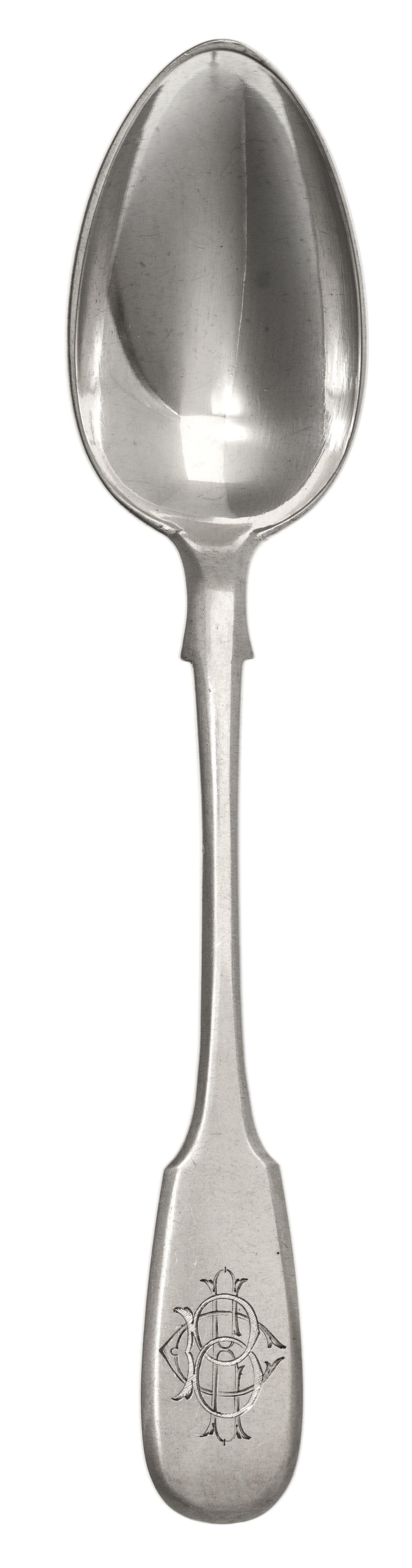 A Set of Twelve Russian Silver Table Spoons, Mark of Pavel Ovchinnikov with Imperial warrant, Moscow, 19th century, the fiddle handles