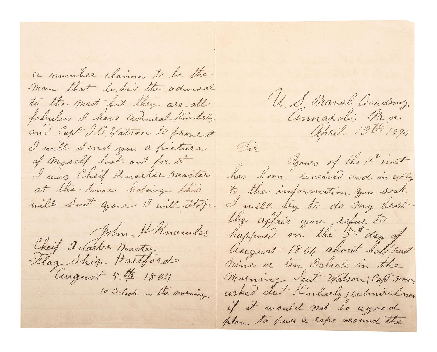 [CIVIL WAR - NAVY]. A group of 9 documents related to Robert Coster and his efforts to confirm the identity of the man who lashed Rear Admiral David G. Farragut to the rigging of the Hartford at the Battle of Mobile Bay.