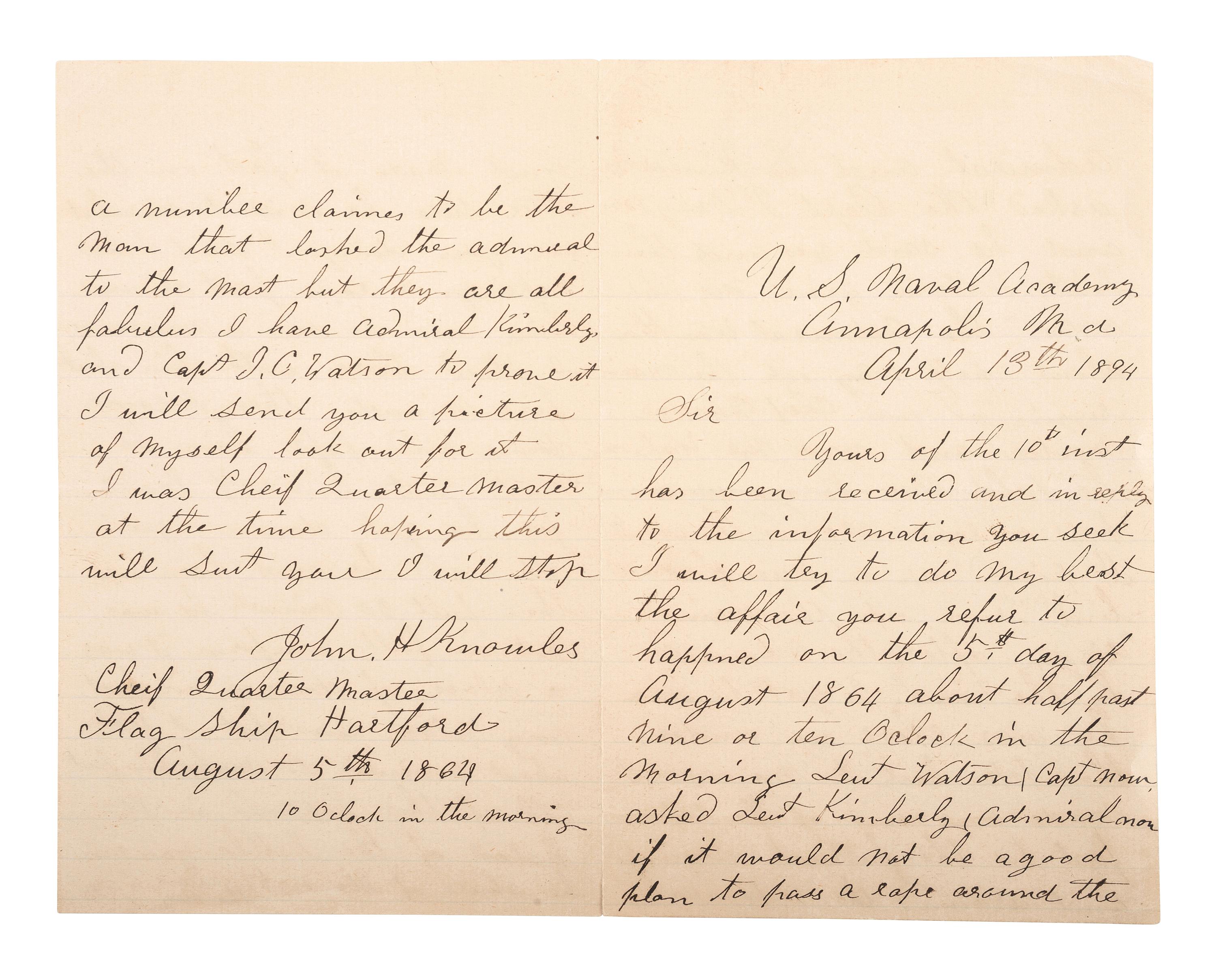[CIVIL WAR - NAVY]. A group of 9 documents related to Robert Coster and his efforts to confirm the identity of the man who lashed Rear Admiral David G. Farragut to the rigging of the Hartford at the Battle of Mobile Bay.