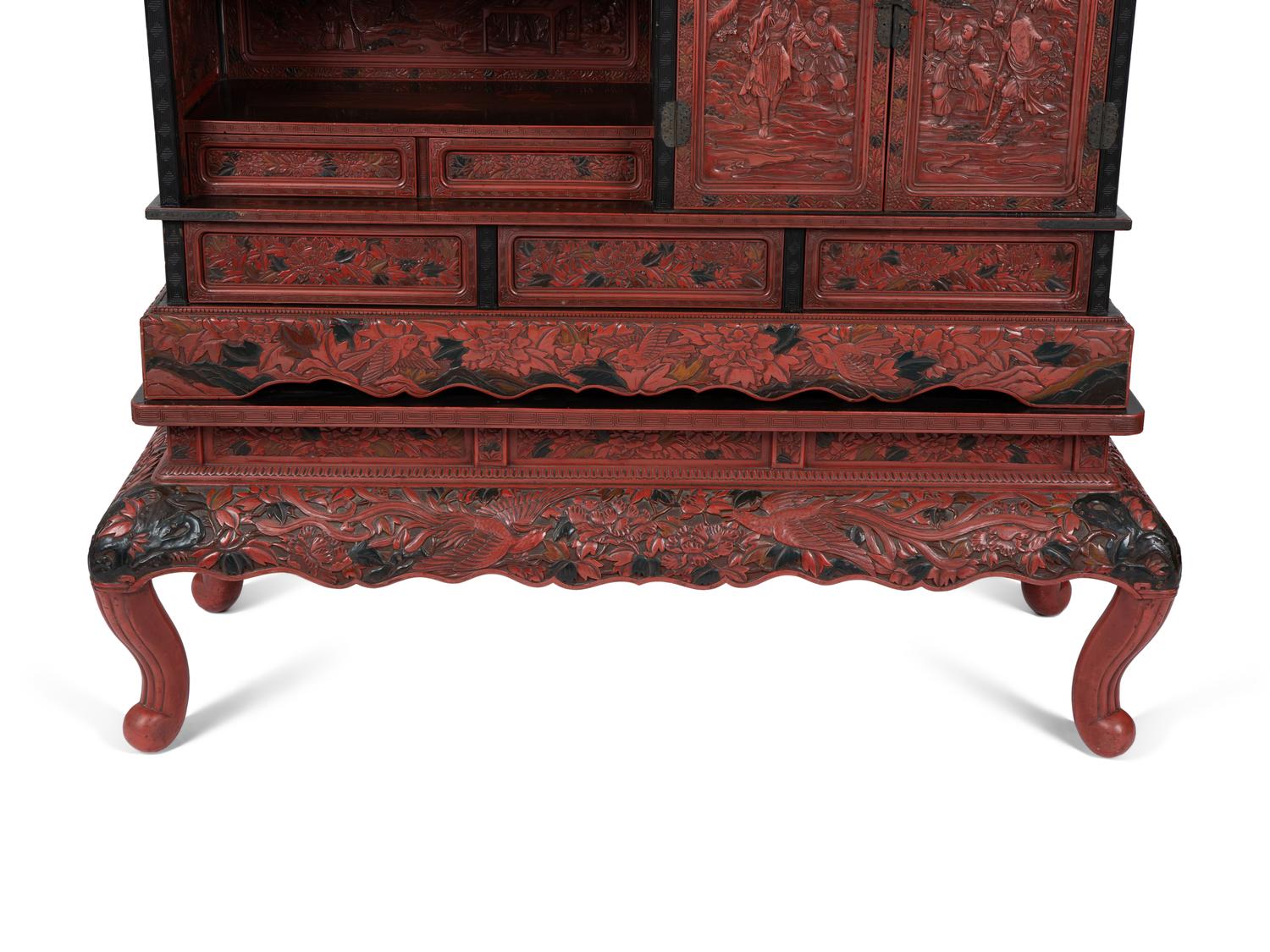A Chinese Export Carved Red Lacquer Curio Cabinet — EARLY 20TH CENTURY