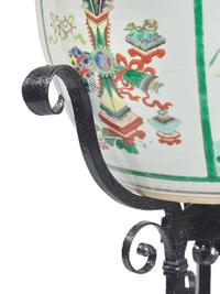 A Chinese Famille Verte Porcelain Jardinière on Victorian Wrought Iron Stand