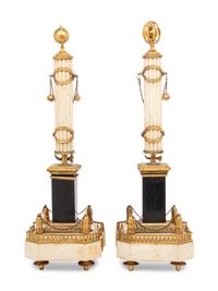 A Pair of Louis XVI Gilt Bronze Mounted Slate and White Marble Obelisks