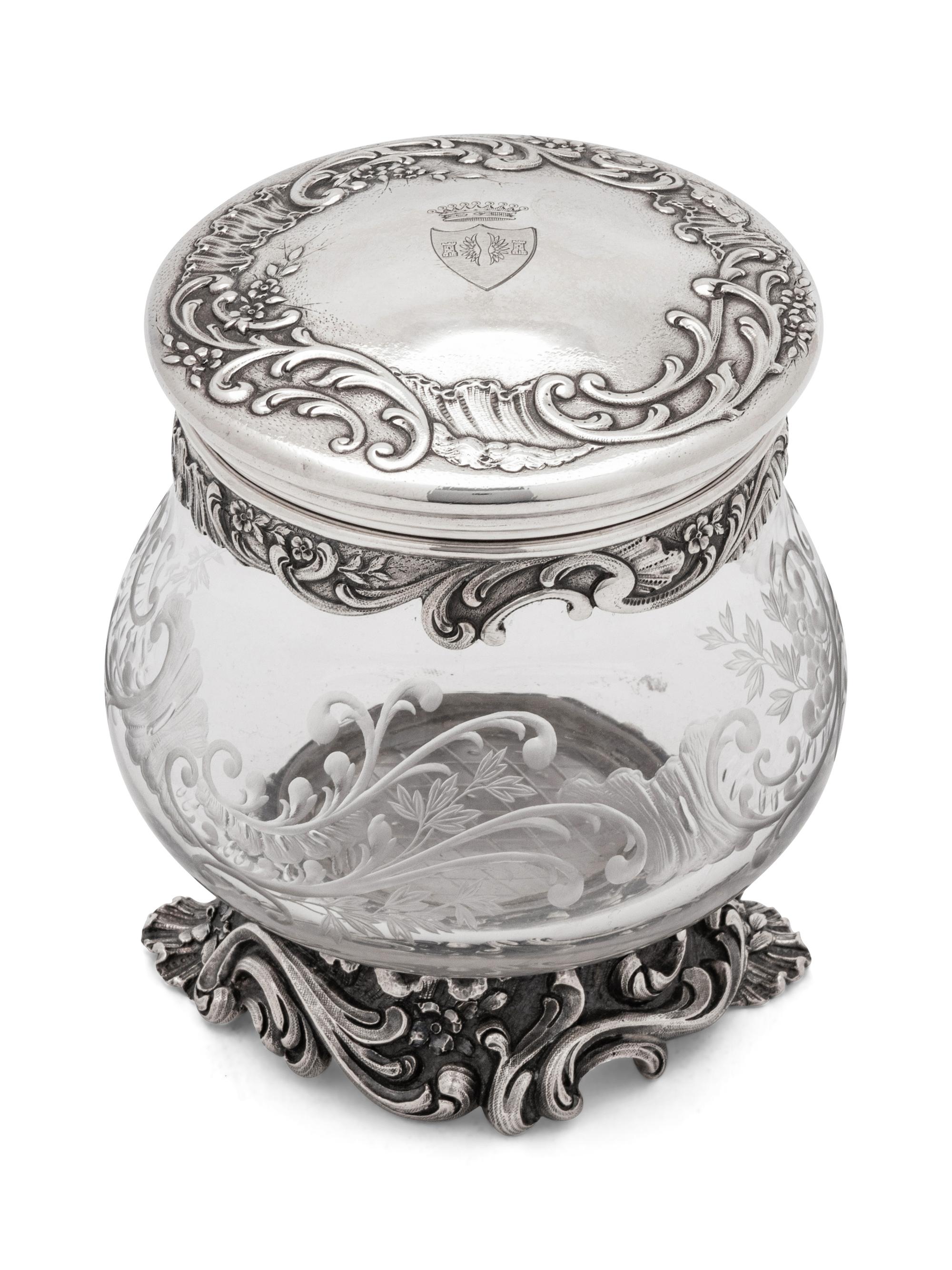 A French Silver Mounted Etched Glass Jar