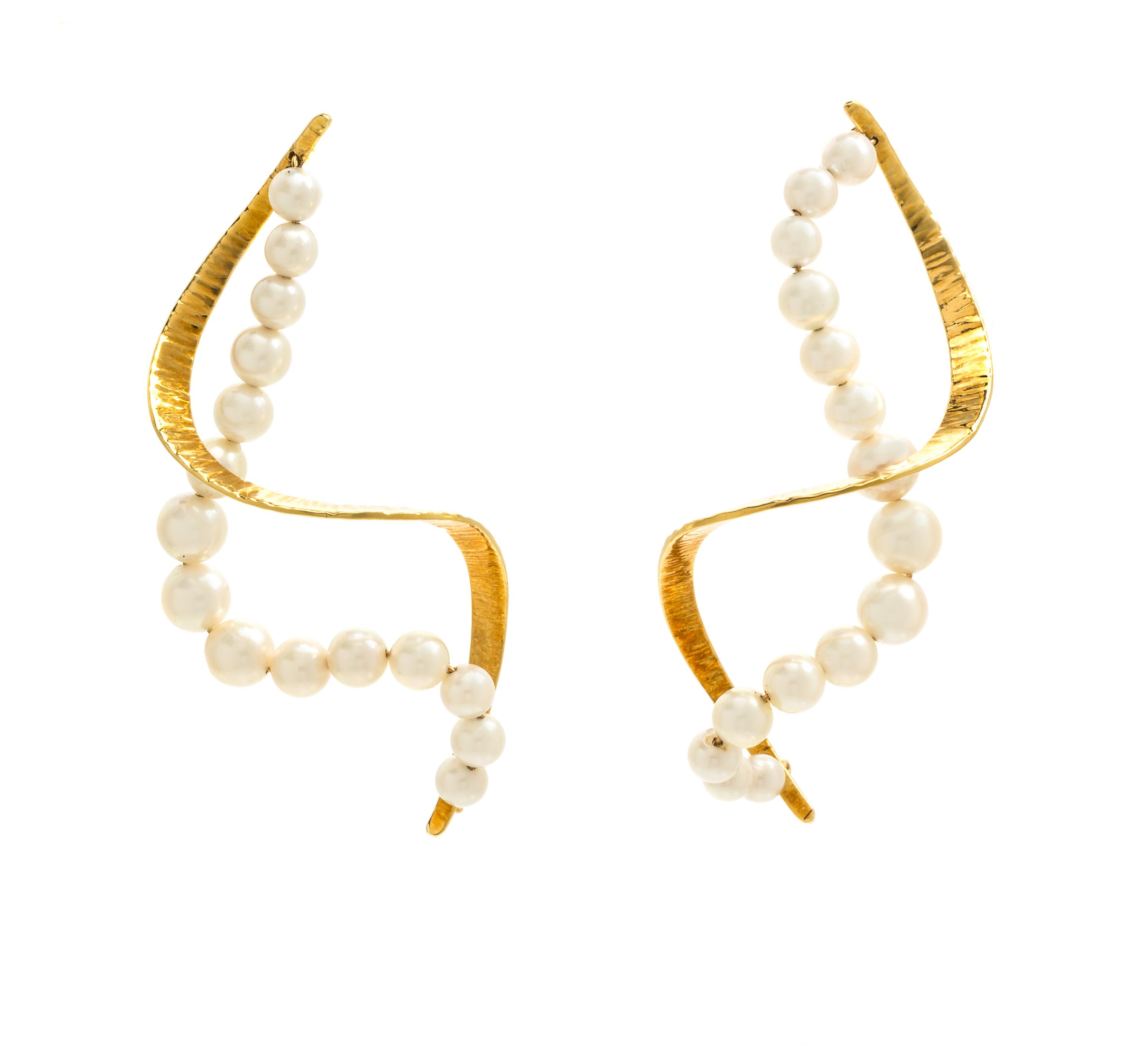 A Pair of 18 Karat Yellow Gold and Cultured Pearl Spiral Earrings, Daunis, 7.80 dwts.