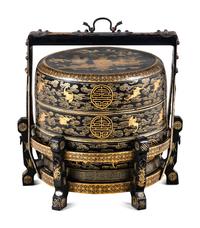 A Chinese Gilt Decorated Black Lacquered Tiered Basket