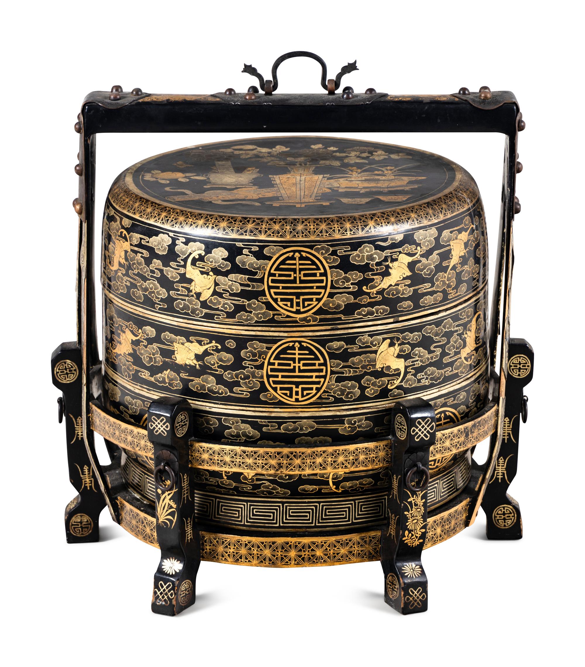 A Chinese Gilt Decorated Black Lacquered Tiered Basket