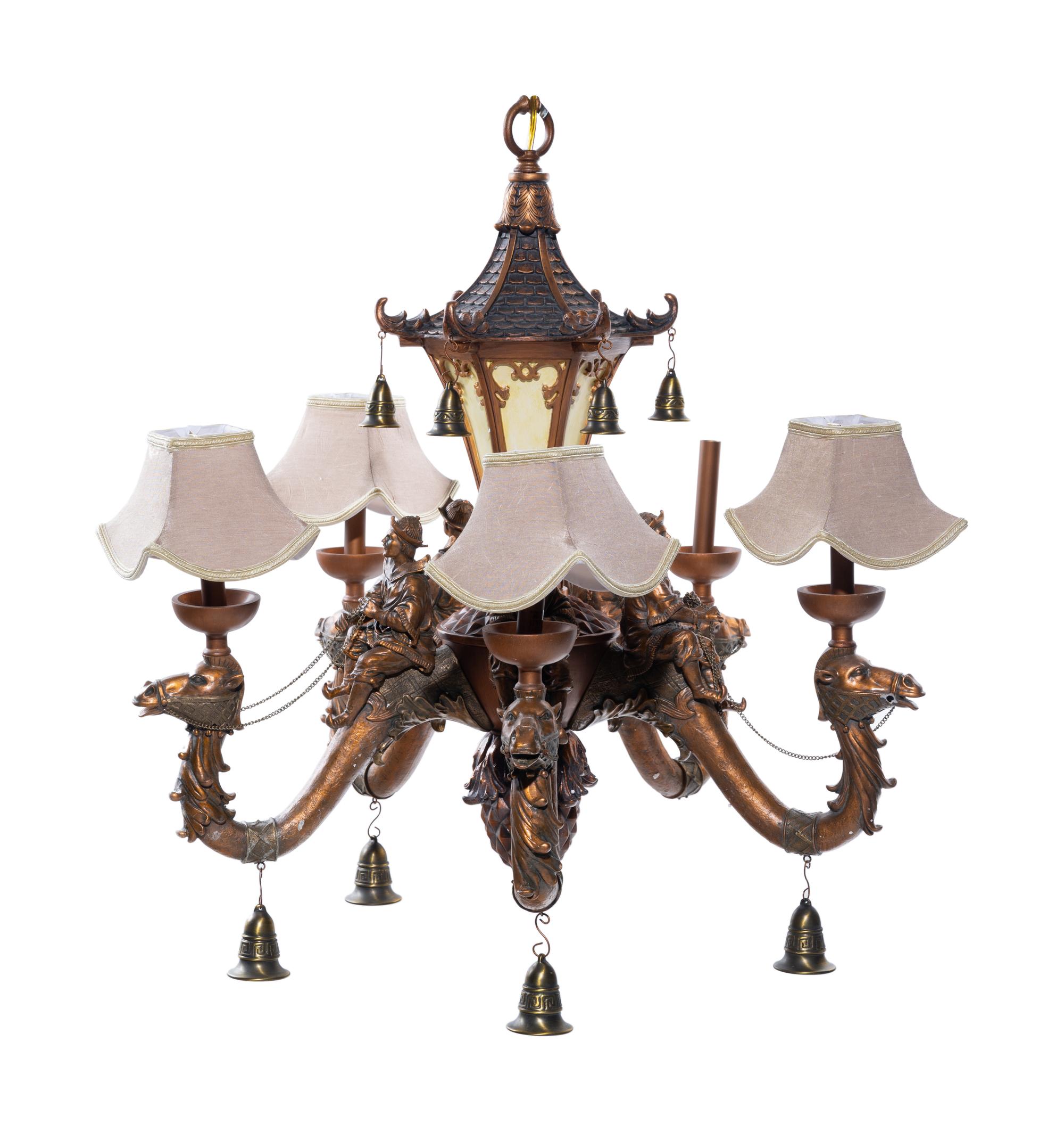 A Chinoiserie Style Polychromed Composition Five-Light Chandelier