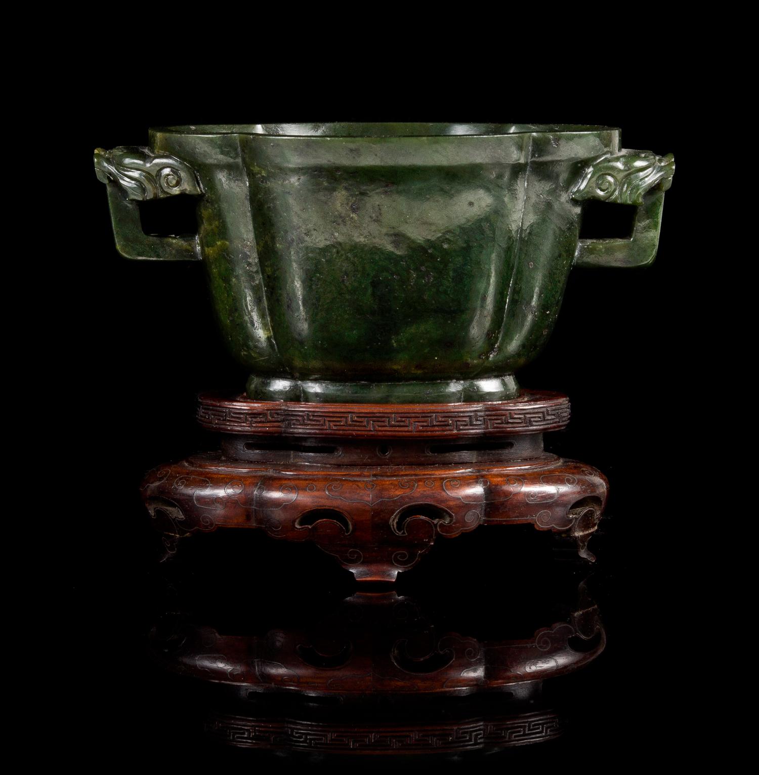 A Spinach Jade Double Handled Cup — 19TH CENTURY