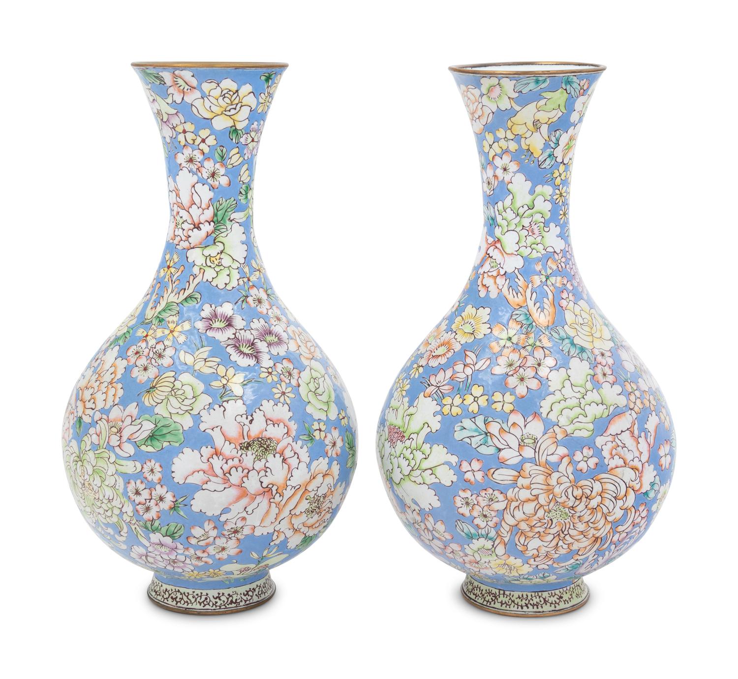 A Pair of Chinese Canton Enamel on Copper Bottles Vases
