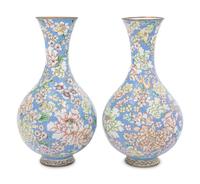 A Pair of Chinese Canton Enamel on Copper Bottles Vases