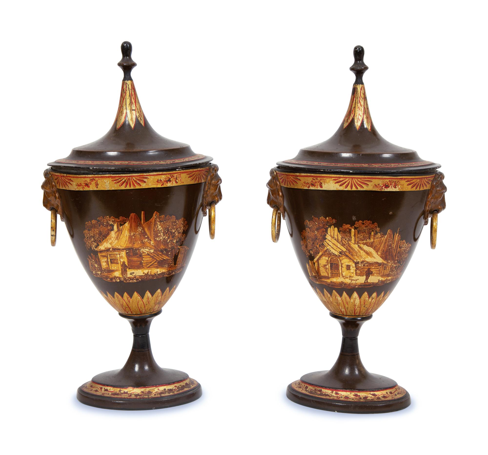 A Pair of Regency Parcel-Gilt Tôle Peinte Urns