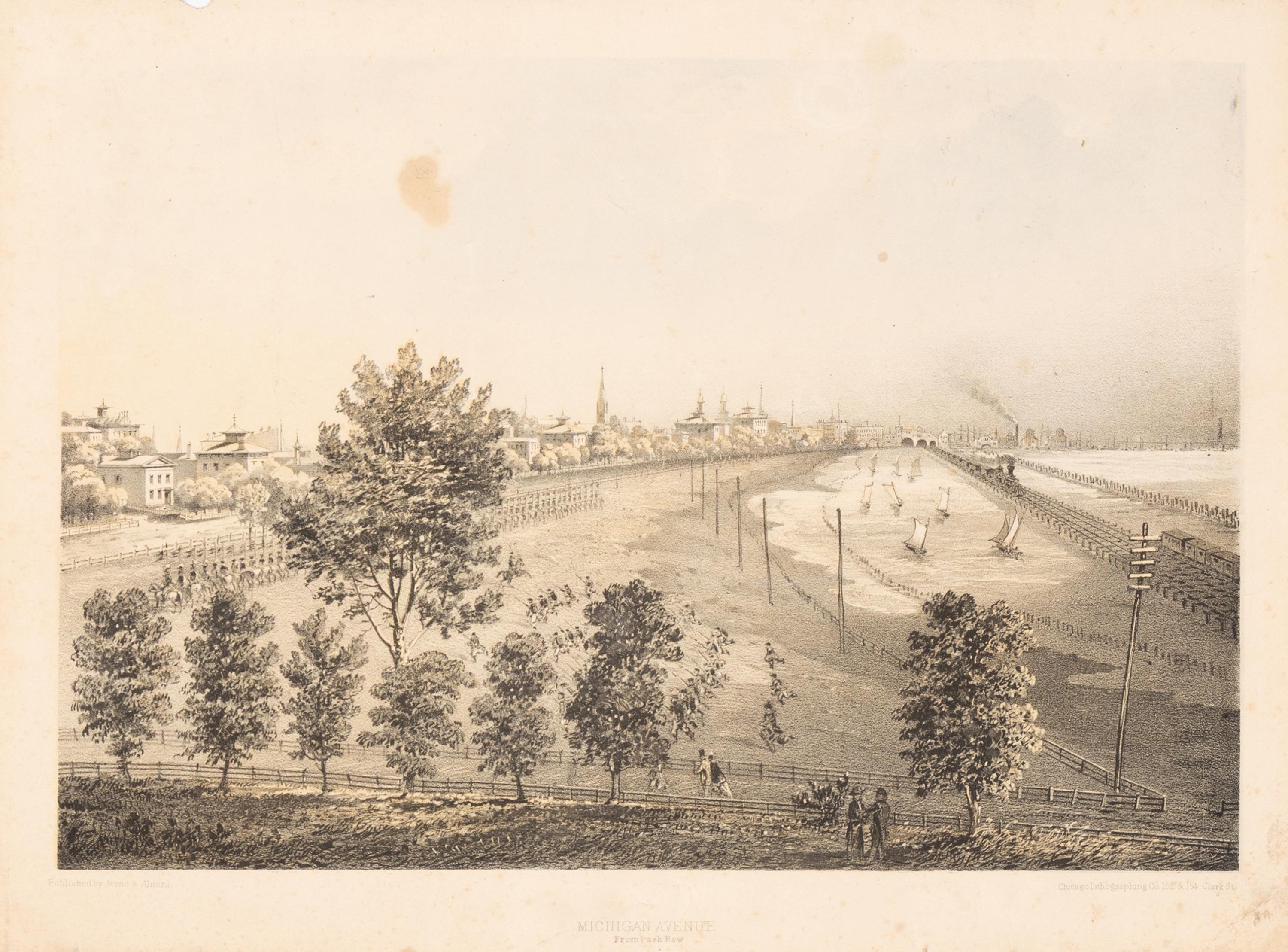 [Chicago Fire]. A group of 10 prints and 2 paintings, showing views of Chicago before and after the Great Fire, including: