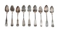 A Group of Nine American Coin Silver Spoons Length 8 3/4 inches.