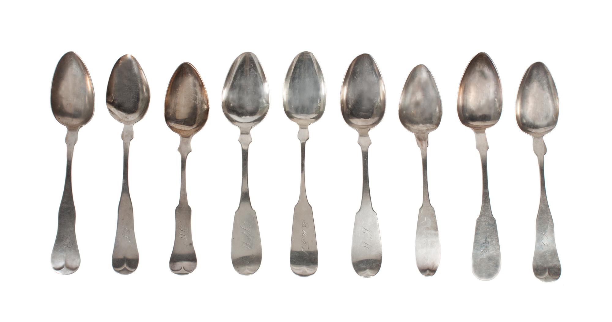 A Group of Nine American Coin Silver Spoons Length 8 3/4 inches.