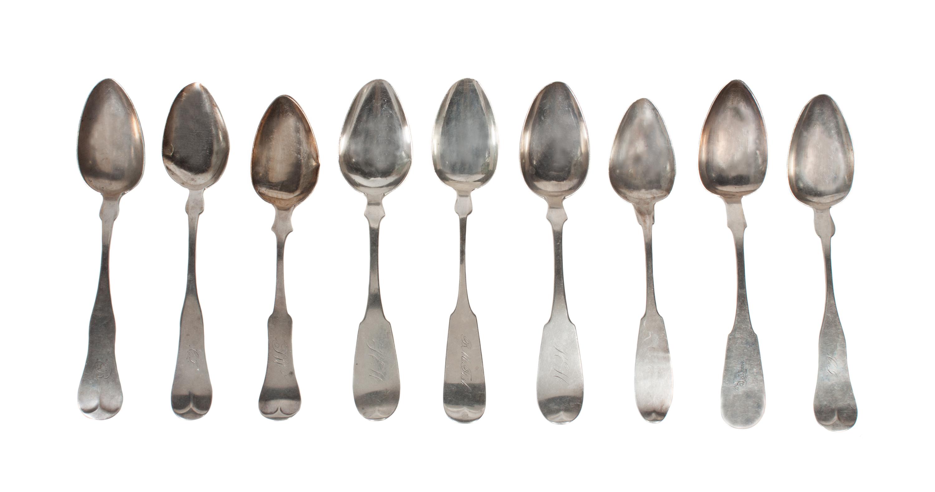 A Group of Nine American Coin Silver Spoons Length 8 3/4 inches.