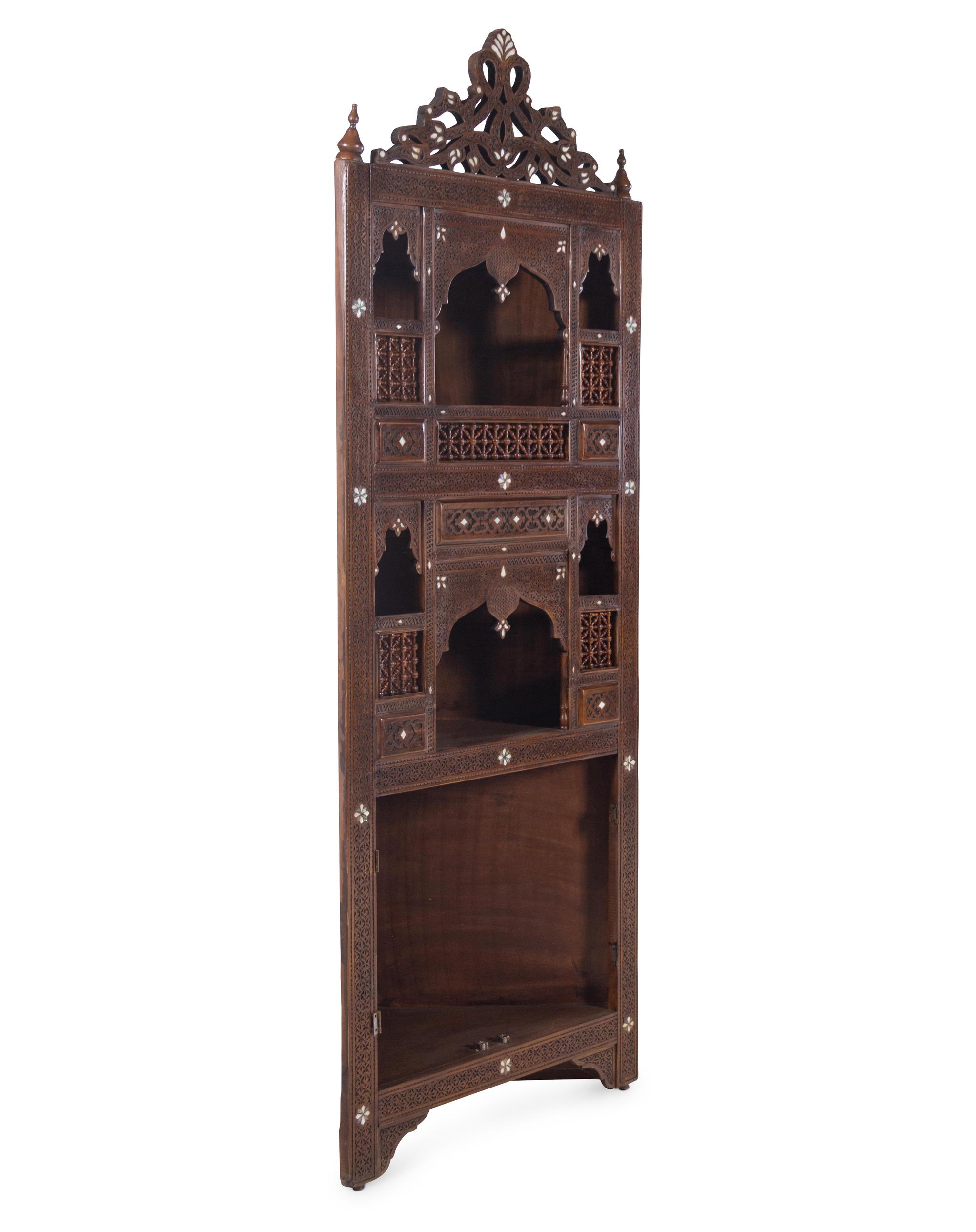 A Pair of Syrian Mother-of-Pearl Inlaid Walnut Corner Cabinets
