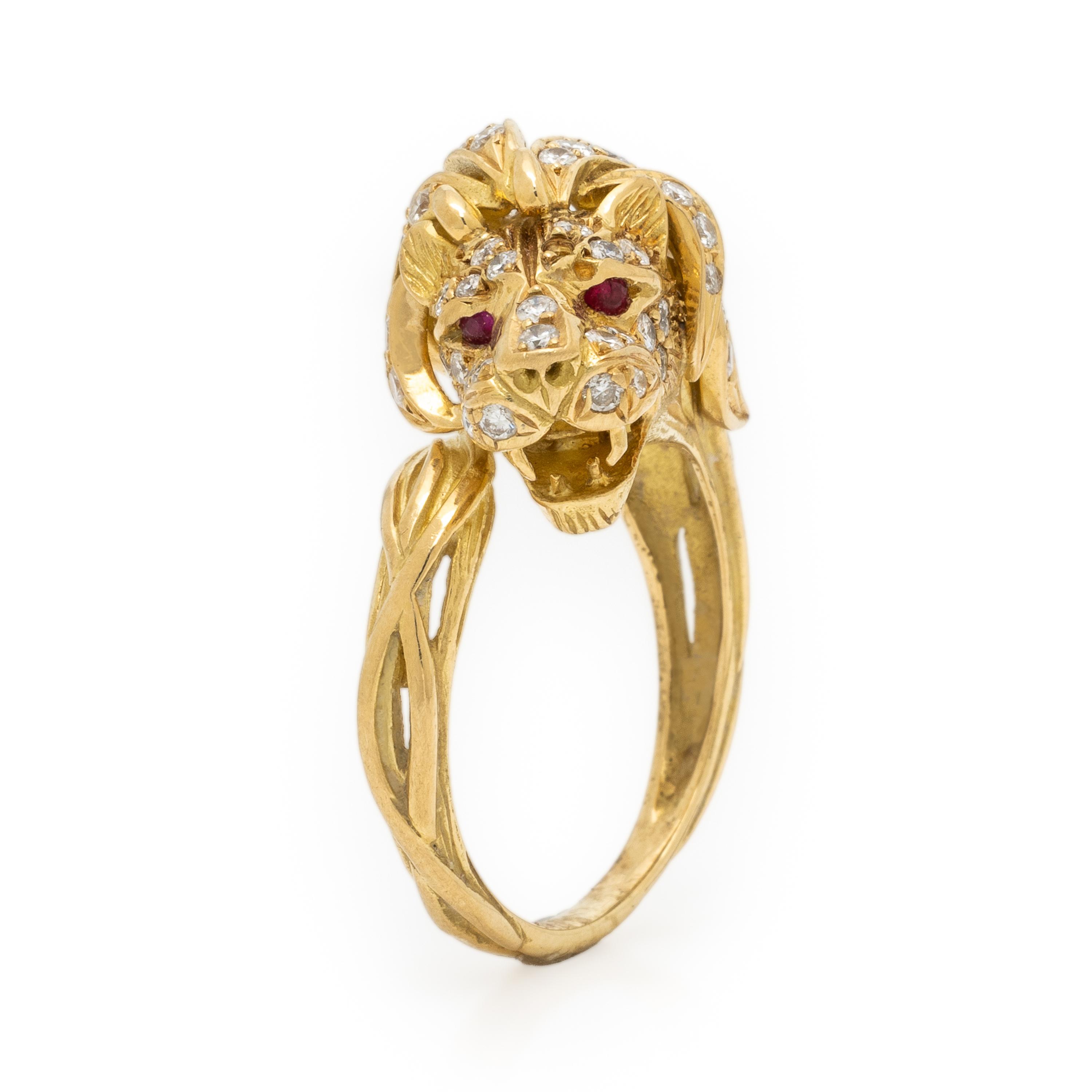 J.P. Bellin, Yellow Gold, Diamond, and Ruby Lion Ring