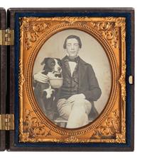 [EARLY PHOTOGRAPHY]. Sixth plate daguerreotype of a young man with his dog.