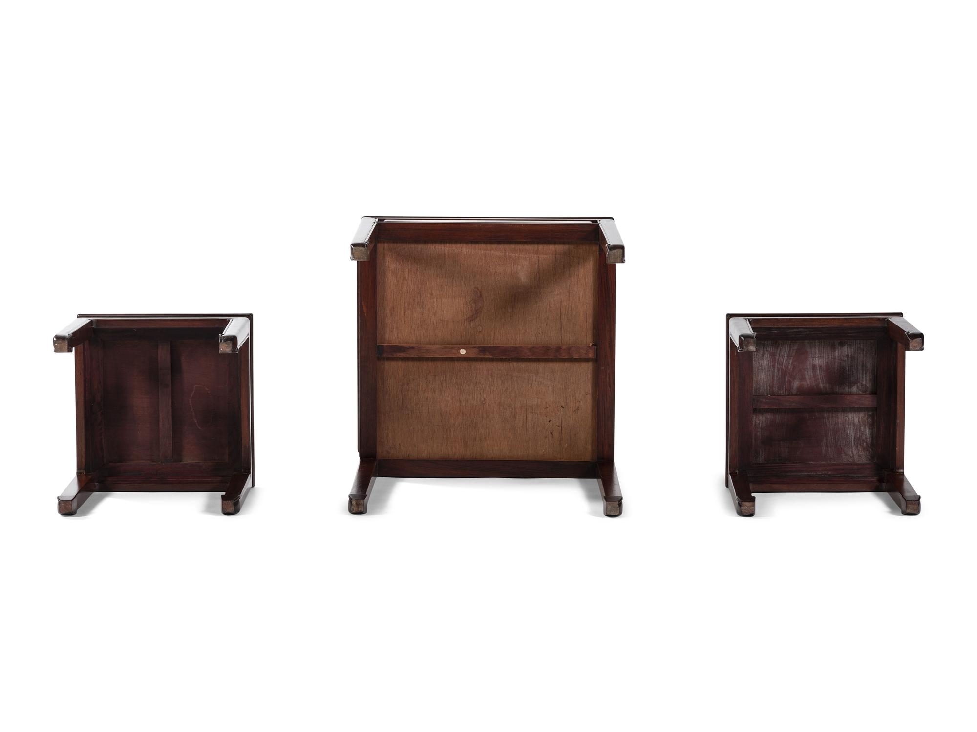 A Chinese Hardwood Inlaid Chess Table with Pair of Stools