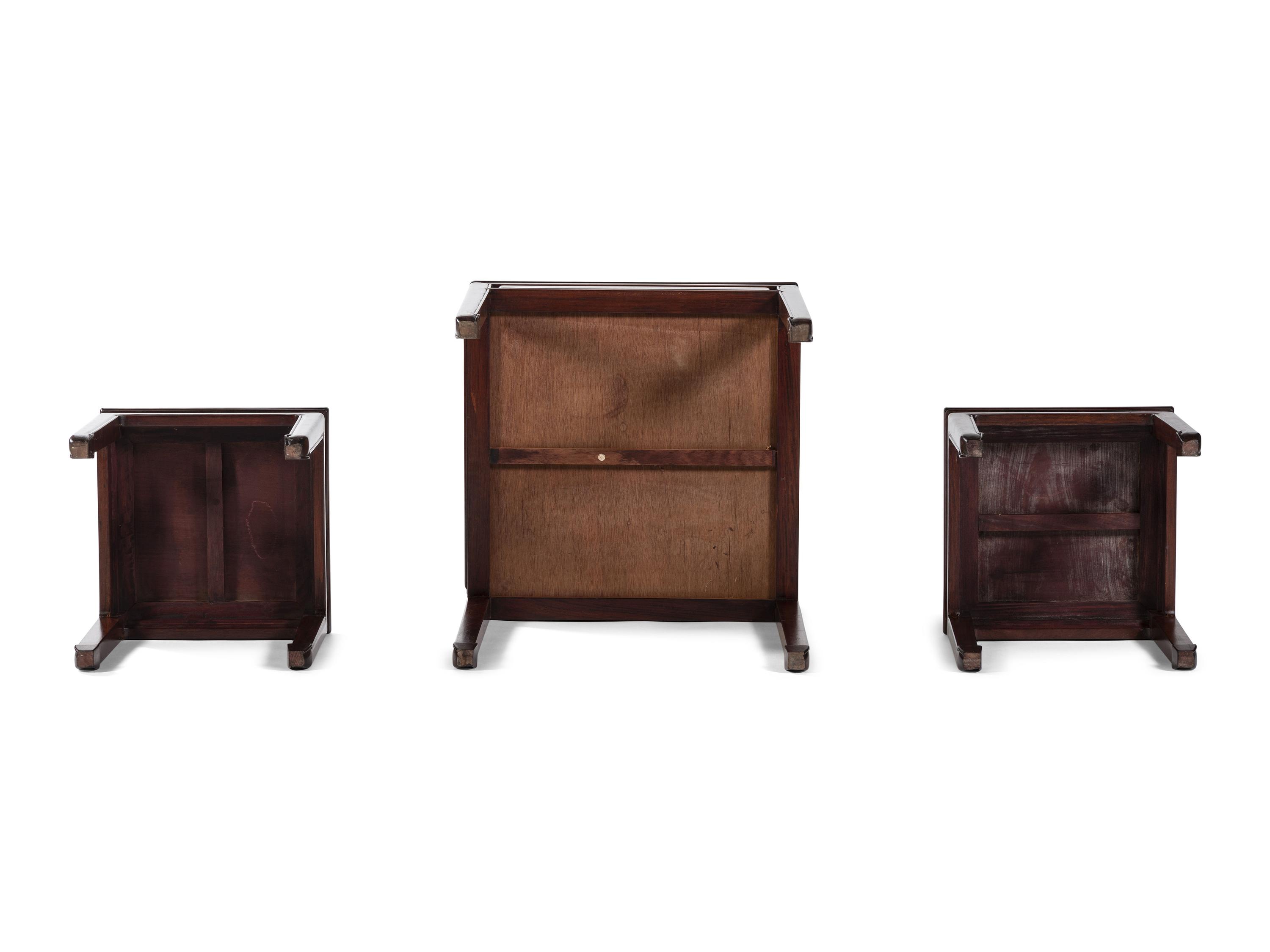 A Chinese Hardwood Inlaid Chess Table with Pair of Stools