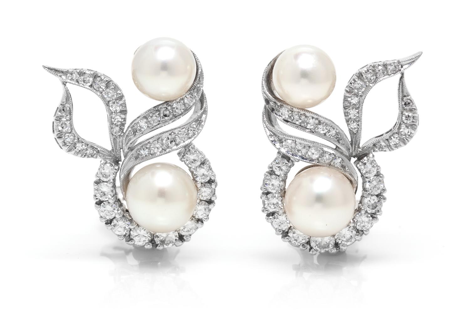 A Pair of White Gold, Pearl and Diamond Earrings, 9.70 dwts.