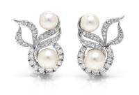 A Pair of White Gold, Pearl and Diamond Earrings, 9.70 dwts.