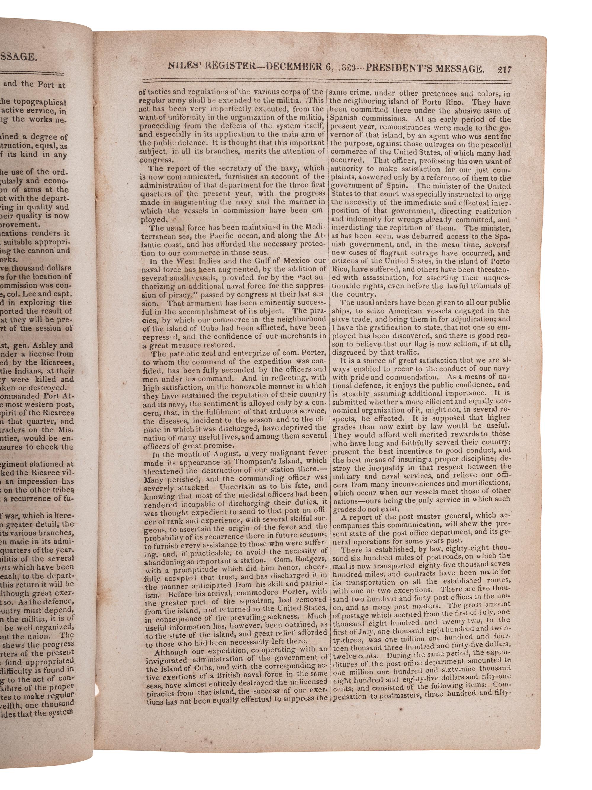 [POLITICS - MONROE, James (1758-1831)]. Niles Weekly Register. Baltimore, 6 December 1823.