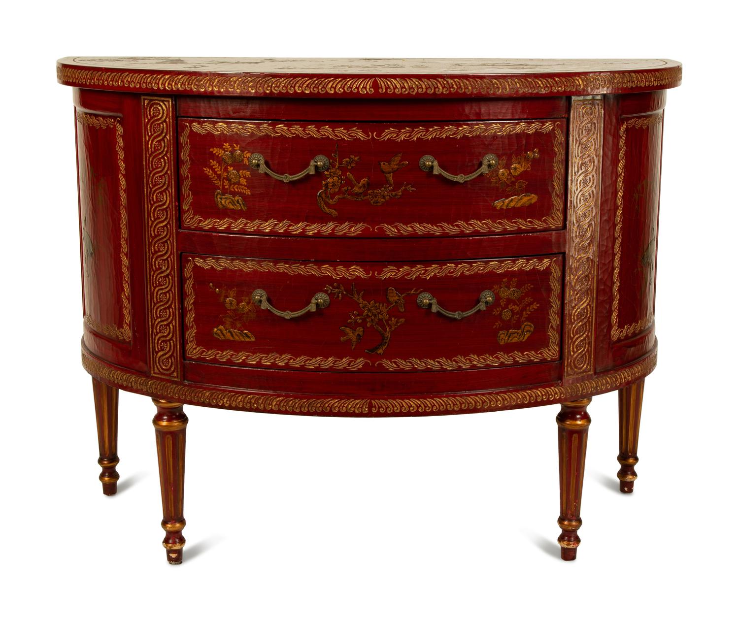 A Regency Style Red and Gilt Lacquer Demi-lune Commode — 20TH CENTURY