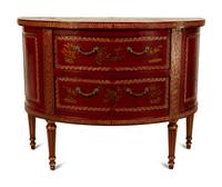 A Regency Style Red and Gilt Lacquer Demi-lune Commode — 20TH CENTURY