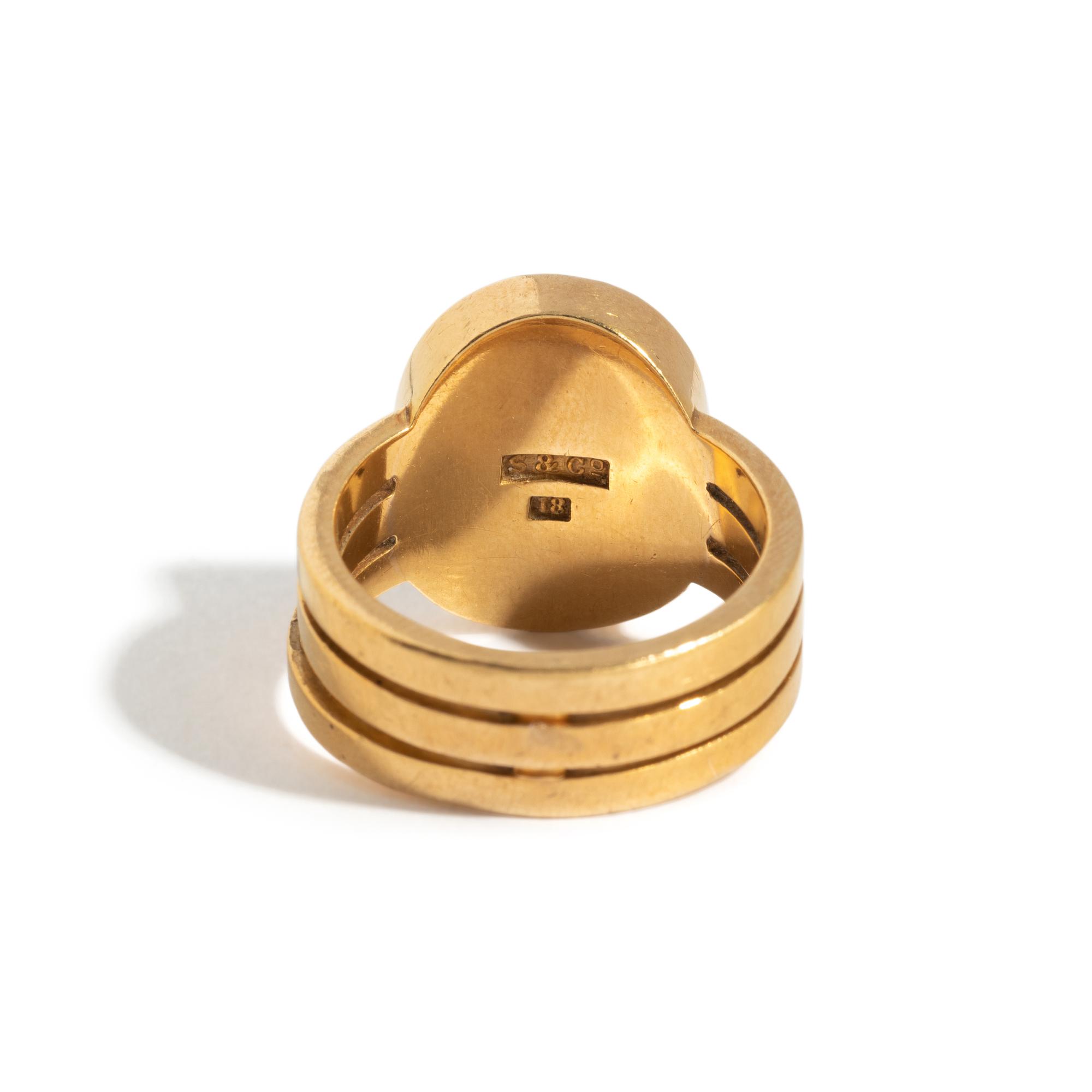 A Carnelian Ring Stone with an Allegorical Scene, After the Antique — Set in a gold ring; Hallmarks stamped on the back