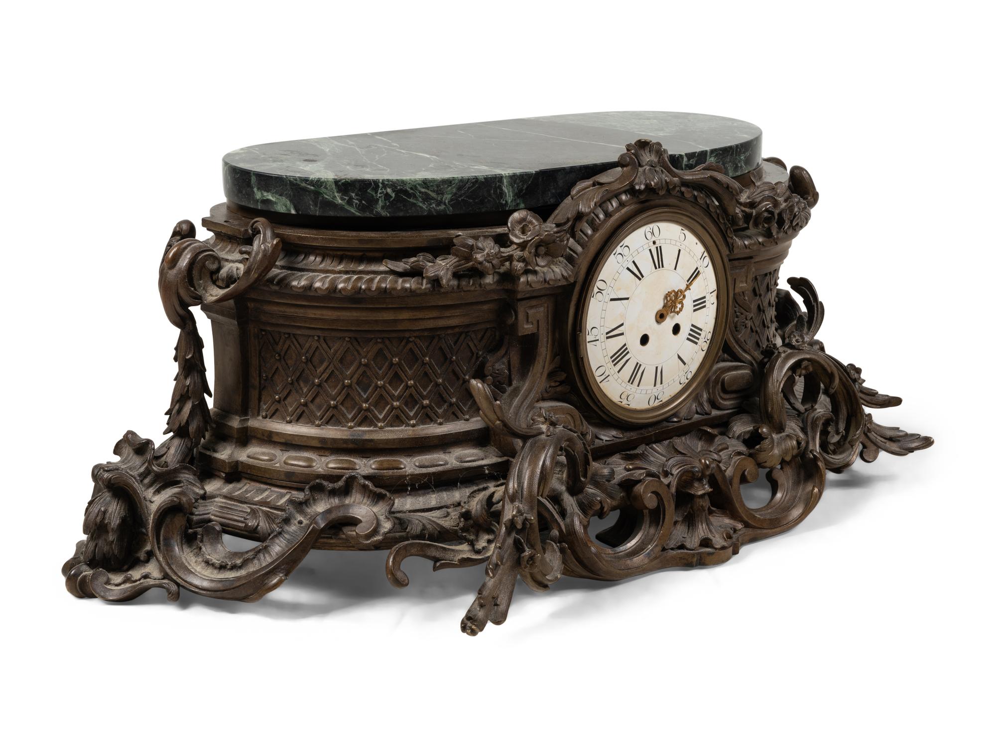 A Large Tiffany and Co. Bronze and Marble Mantel Clock