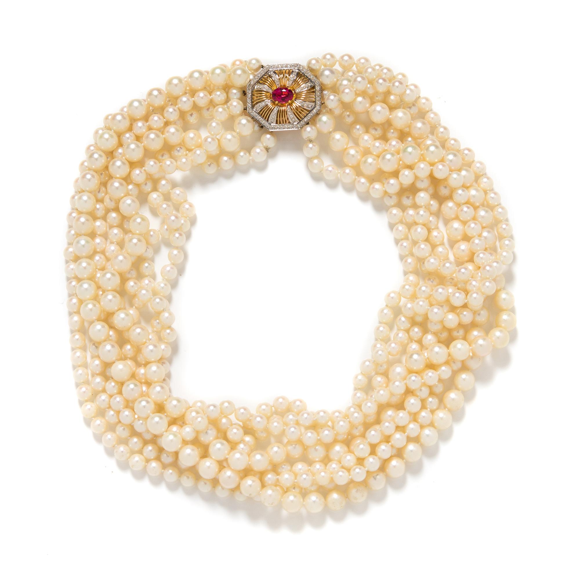 A Bicolor Gold, Pink Tourmaline, Diamond and Cultured Pearl Multistrand Torsade Necklace,