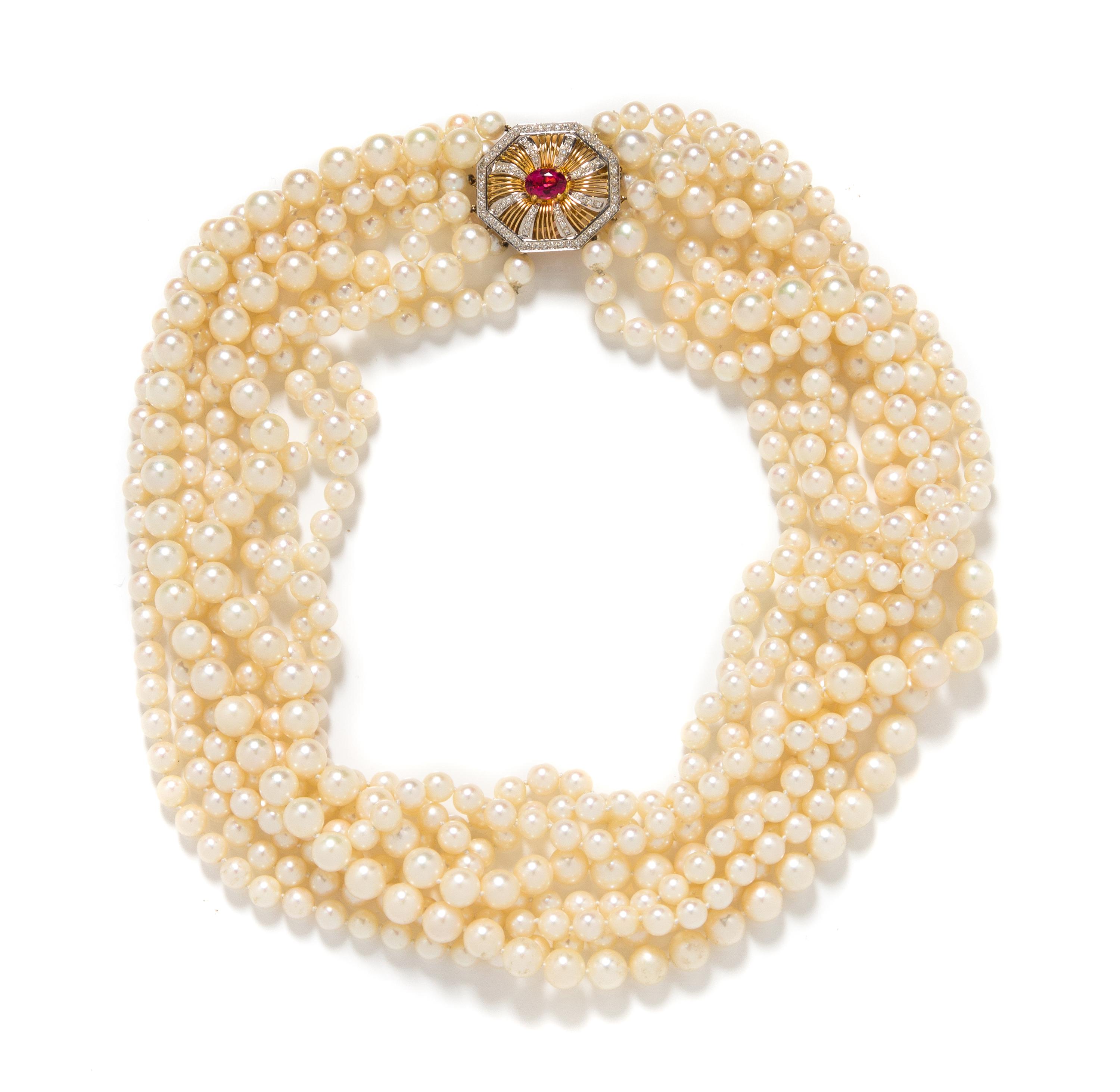 A Bicolor Gold, Pink Tourmaline, Diamond and Cultured Pearl Multistrand Torsade Necklace,