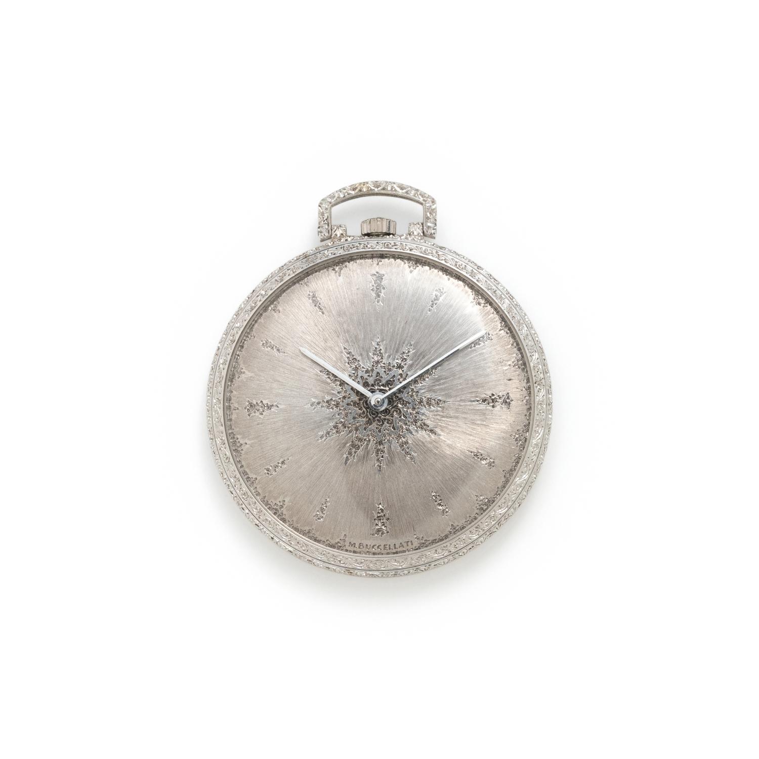 BUCCELLATI, 18K WHITE GOLD OPEN FACE POCKET WATCH AND FOB CHAIN