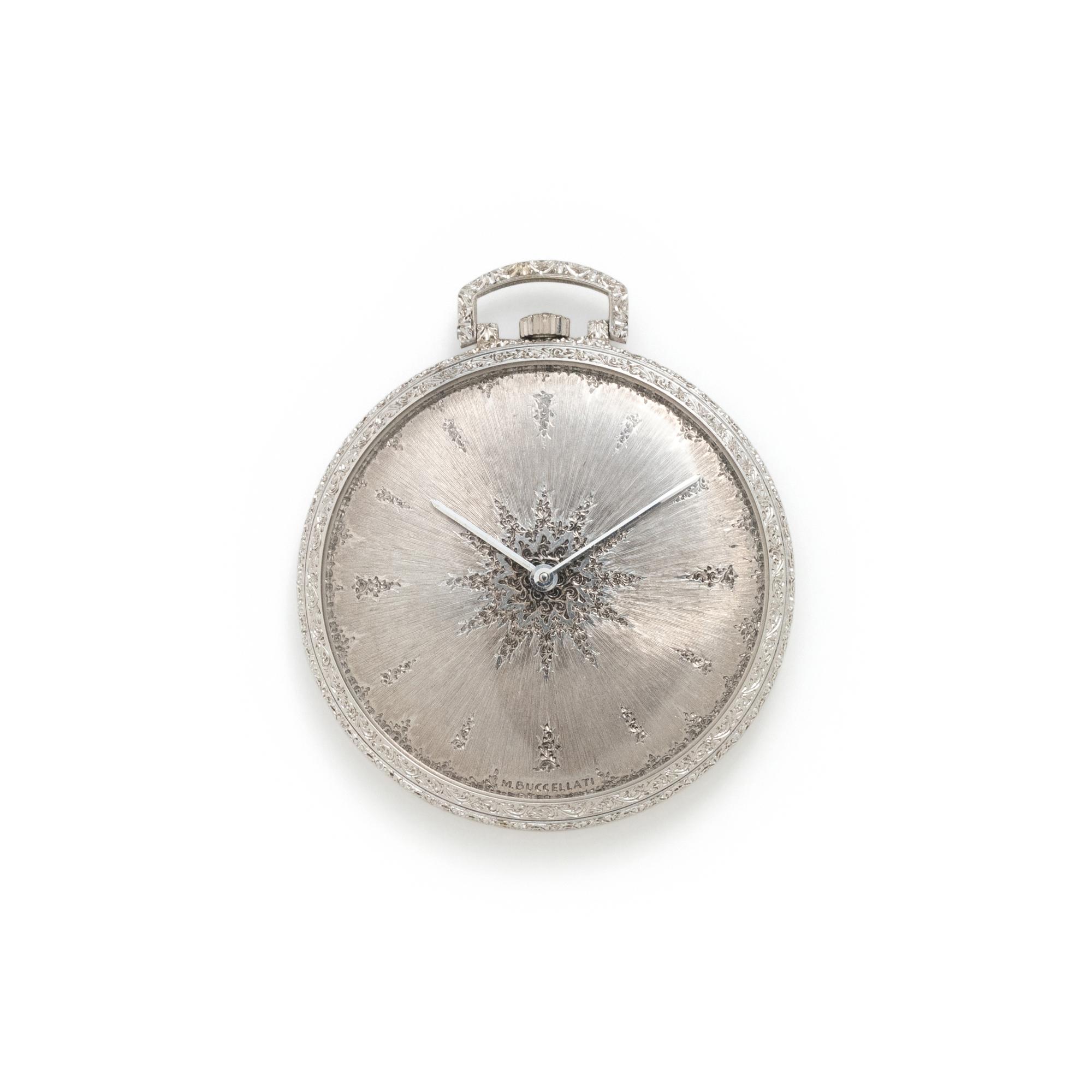 BUCCELLATI, 18K WHITE GOLD OPEN FACE POCKET WATCH AND FOB CHAIN