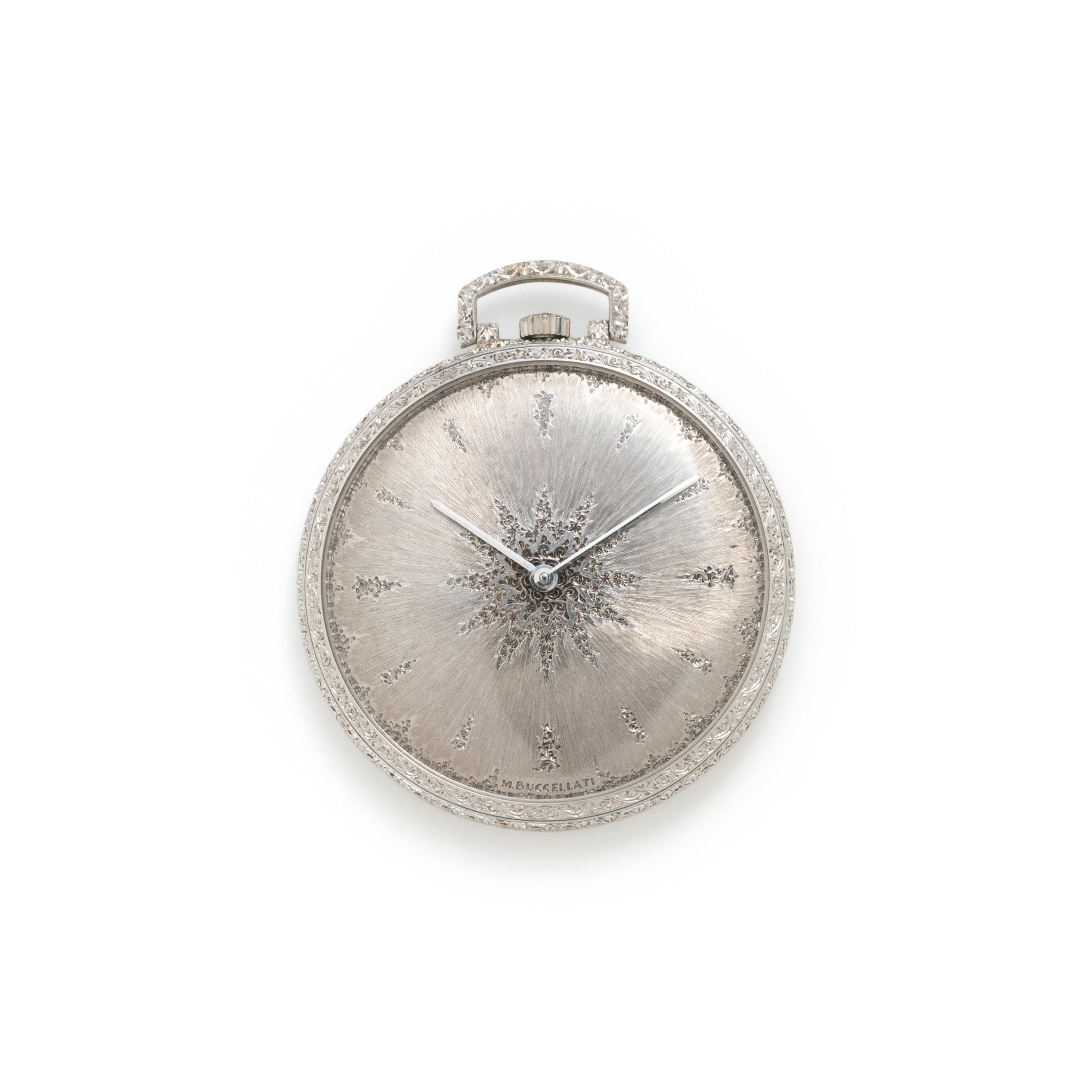 BUCCELLATI, 18K WHITE GOLD OPEN FACE POCKET WATCH AND FOB CHAIN