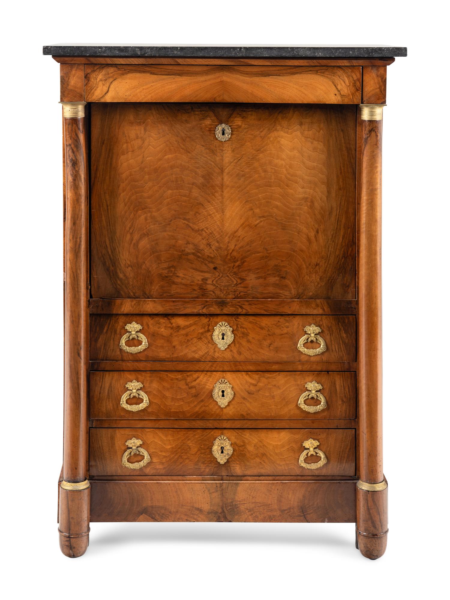 An Empire Style Gilt-Bronze Mounted Walnut Marble-Top Secrétaire à Abbatant