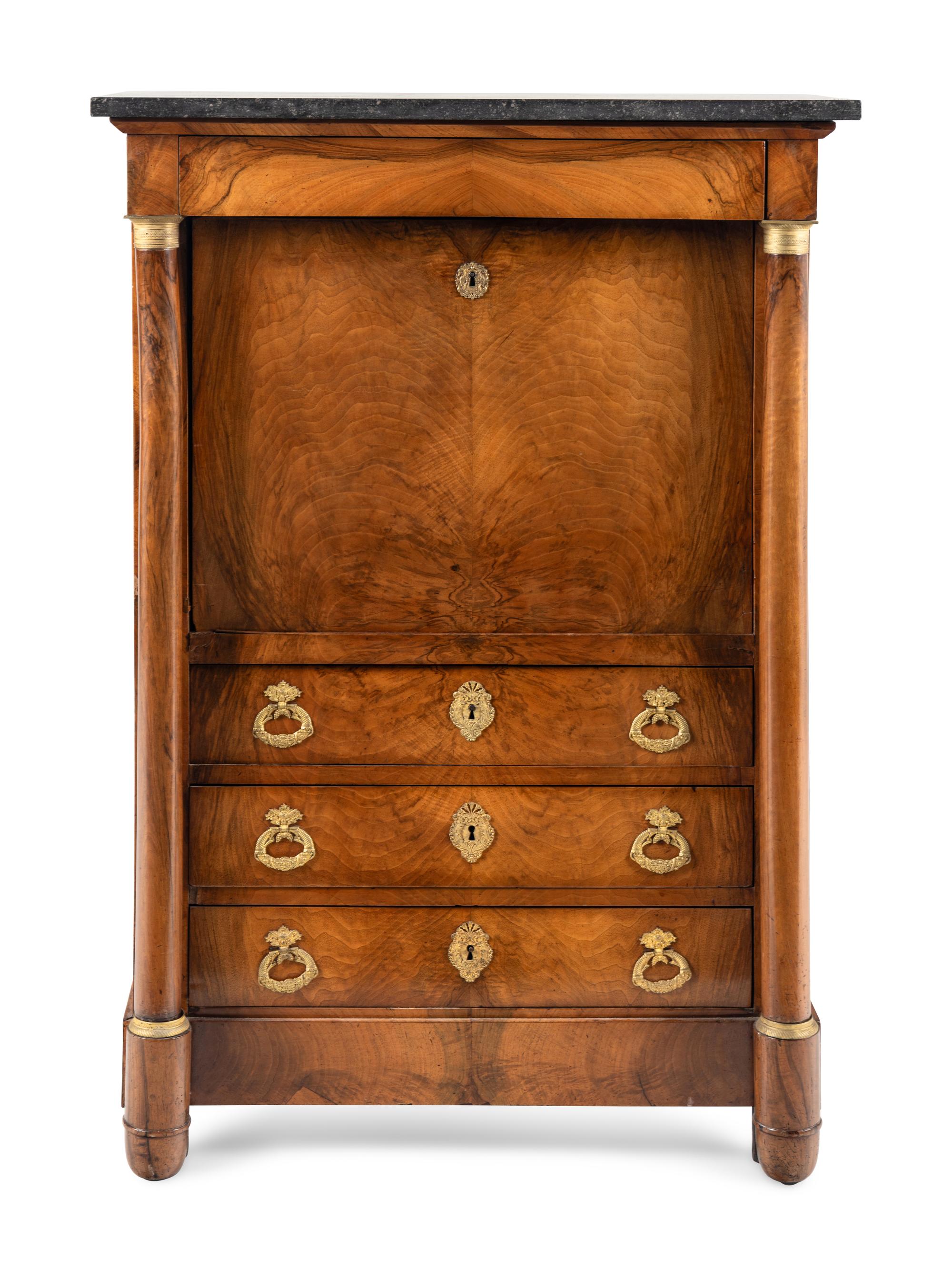 An Empire Style Gilt-Bronze Mounted Walnut Marble-Top Secrétaire à Abbatant