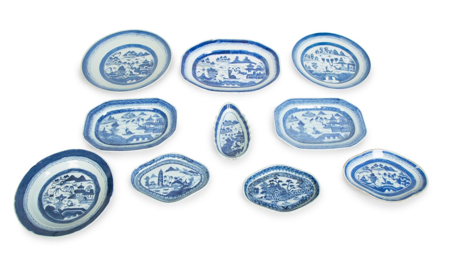 A Collection of Chinese Export Blue and White Canton Porcelain Plates and Serving Dishes — CIRCA 1820